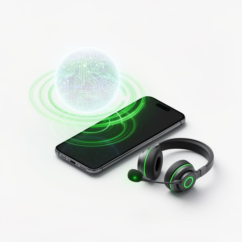 Smartphone och headset med glödande AI-sfär som symboliserar intelligent telefoni