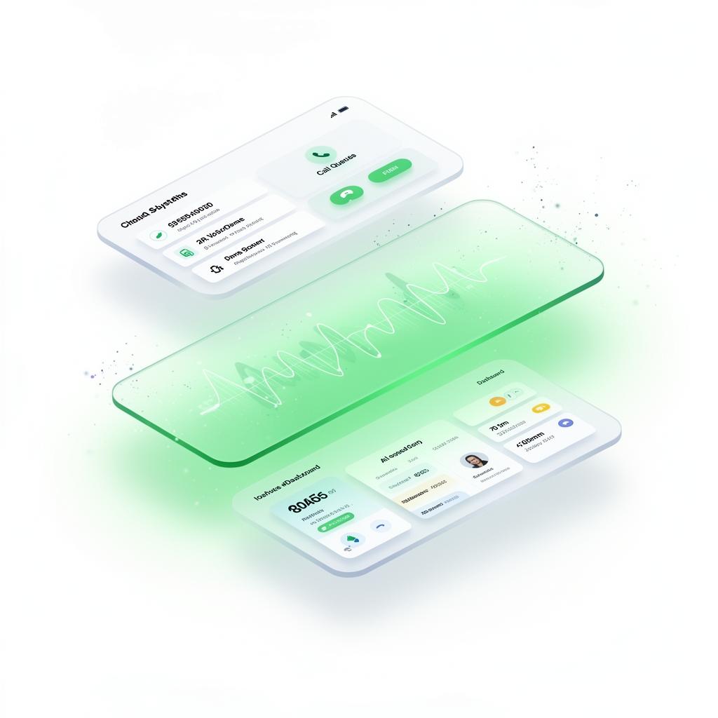 Illustration av molnväxel med samtalsdashboard, AI-vågform och köhantering