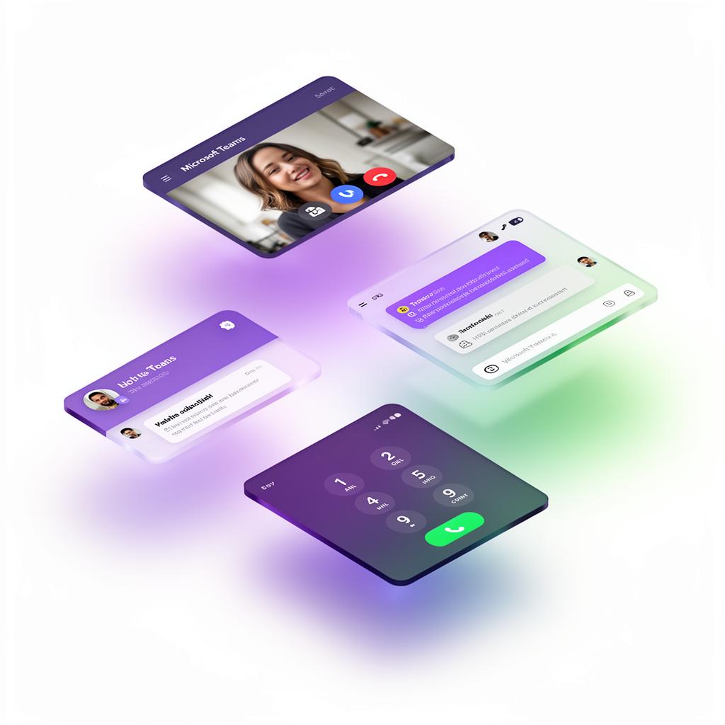 Microsoft Teams-gränssnitt med samtal, chatt och dialpad i isometrisk illustration